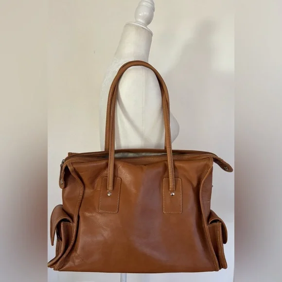 J. Crew Large Brown Leather Tote Bag Exterior Pockets Tan - Picture 3 of 14